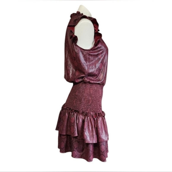 NWT Faux Snakeskin Burgundy Ruffled Layered Smocked Dress - Picture 8 of 16